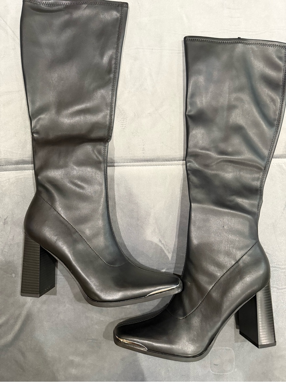 Bar III Black Knee-High Block Heel Boots with Silver Toe Trim